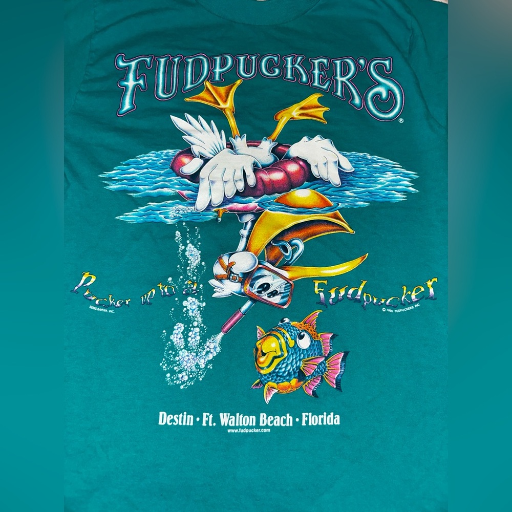Vintage Froot of the Loom Teal T-Shirt Size S Fudpuckers Destin Florida Graphic